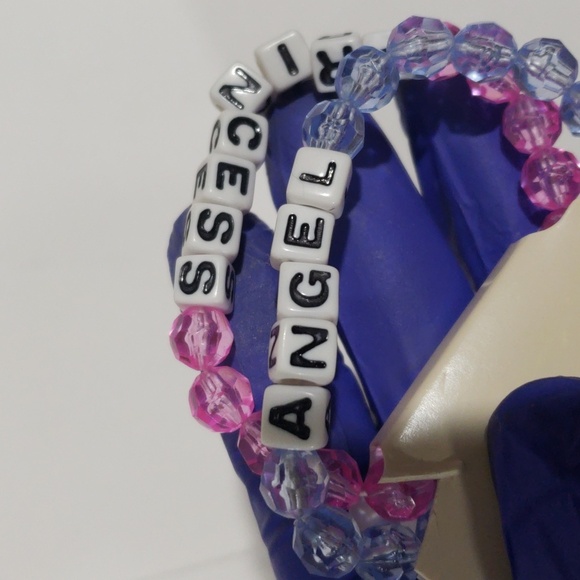 Set of 2 Blue Pink Beaded Stretch Bracelet " Princess" "Angel" - Women's Jewelry - Picture 5 of 8